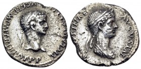 Claudius, with Agrippina Junior, 41-54. Denarius (Silver, 19 mm, 3.24 g, 3 h), Rome, 51. TI CLAVD CAESAR AVG GERM P M TRIB POT P P Laureate head of Cl...