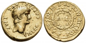 Nero, 54-68. Aureus (Gold, 19 mm, 7.49 g, 11 h), Lugdunum, 60. NERO CAESAR AVG IMP Bare head of Nero to right. Rev. PONTIF MAX TR P VI COS IIII P P ar...