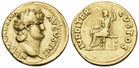 Nero, 54-68. Aureus (Gold, 19 mm, 7.21 g, 6 h), Rome, 64-65. NERO CAESAR AVGVSTVS Laureate head of Nero to right. Rev. IVPPITER CVSTOS Jupiter seated ...