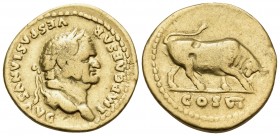 Vespasian, 69-79. Aureus (Gold, 19.5 mm, 7.02 g, 6 h), Rome, 75. IMP CAESAR VESPASIANVS AVG Laureate head of Vespasian to right. Rev. COS VI Bull butt...