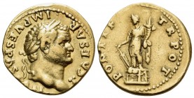 Titus, as Caesar, 69-79. Aureus (Gold, 19.5 mm, 7.26 g, 6 h), Rome, 74. T CAESAR IMP VESPASIAN Laureate head of Titus to right. Rev. PONTIF TR POT For...