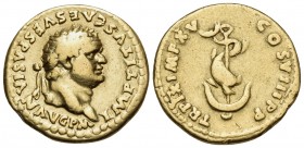 Titus, 79-81. Aureus (Gold, 19 mm, 7.03 g, 12 h), Rome, 80. IMP TITVS CΛES VESPΛSIΛN ΛVG P M Laureate head of Titus to right. Rev. TR P IX IMP XV COS ...
