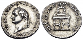 Titus, 79-81. Denarius (Silver, 18.5 mm, 3.35 g, 6 h), Rome, 80. IMP TITVS CAES VESPASIAN AVG P M Laureate head of Titus to left. Rev. TR P IX IMP XV ...
