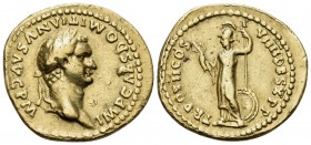 Domitian, 81-96. Aureus (Gold, 21.5 mm, 7.67 g, 6 h), Rome, 83. IMP CAES DOMITIANVS AVG P M Laureate head of Domitian to right. Rev. TR POT II COS VII...