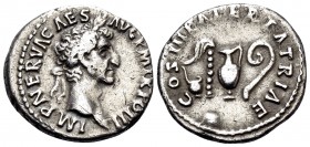Nerva, 96-98. Denarius (Silver, 18 mm, 3.21 g, 6 h), Rome, 97. IMP NERVA CAES AVG P M TR POT Laureate head of Nerva to right. Rev. COS III PATER PATRI...