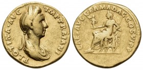 Plotina, Augusta, 105-123. Aureus (Gold, 19 mm, 7.14 g, 6 h), struck under Trajan, Rome, 112-114. PLOTINA AVG IMP TRAIANI Diademed and draped bust of ...