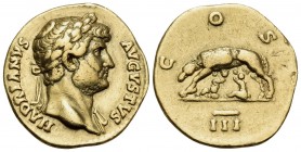 Hadrian, 117-138. Aureus (Gold, 20.5 mm, 6.98 g, 6 h), Rome, 124-128. HADRIANVS AVGVSTVS Laureate bust of Hadrian to right, slight drapery on far shou...