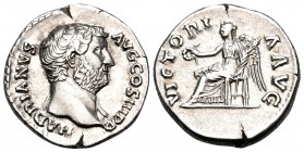 Hadrian, 117-138. Denarius (Silver, 17 mm, 3.41 g, 6 h), Rome, 134-138. HADRIANVS AVG COS III P P Bare head of Hadrian to right. Rev. VICTORIA AVG Vic...