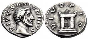 Divus Antoninus Pius, died 161. Denarius (Silver, 17.5 mm, 3.46 g, 6 h), struck under Marcus Aurelius and Lucius Verus, Rome, 161. DIVVS ANTONINVS Bar...