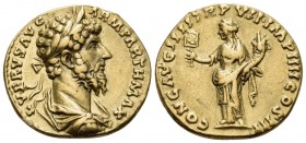 Lucius Verus, 161-169. Aureus (Gold, 19 mm, 6.66 g, 12 h), Rome, 166-167. L VERVS AVG ARM PARTH MAX Laureate, draped and cuirassed bust of Lucius Veru...