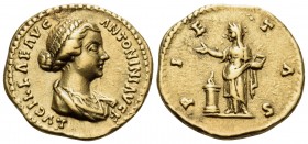 Lucilla, Augusta, 164-182. Aureus (Gold, 19 mm, 7.30 g, 5 h), struck under Marcus Aurelius and Lucius Verus, Rome, 161-162. LVCILLAE AVG ANTONINI AVG ...