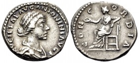 Lucilla, Augusta, 164-182. Denarius (Silver, 18 mm, 3.62 g, 12 h), struck under Marcus Aurelius and Lucius Verus, Rome, 161-162. LVCILLAE AVG ANTONINI...