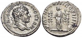 Caracalla, 198-217. Denarius (Silver, 19 mm, 3.09 g, 12 h), Rome, 215. ANTONINVS PIVS AVG GERM Laureate head of Caracalla to right. Rev. P M TR P XVII...