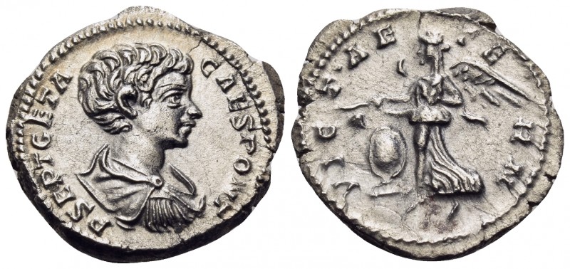 Geta, as Caesar, 198-209. Denarius (Silver, 19 mm, 3.17 g, 11 h), Rome, 200-202....