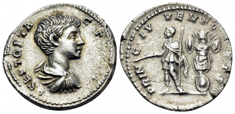 Geta, as Caesar, 198-209. Denarius (Silver, 18 mm, 3.27 g, 5 h), Rome, 200-202. ...