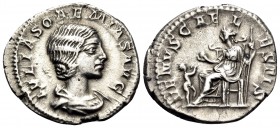Julia Soaemias, Augusta, 218-222. Denarius (Silver, 19 mm, 2.87 g, 6 h), struck under her son, Elagabalus, Rome, 218-220. IVLIA SOAEMIAS AVG Draped bu...