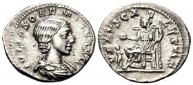 Julia Soaemias, Augusta, 218-222. Denarius (Silver, 20 mm, 3.18 g, 12 h), struck under her son, Elagabalus, Rome, 218-220. IVLIA SOAEMIAS AVG Draped b...