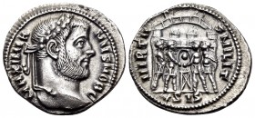 Galerius, As Caesar, 293-305. Argenteus (Silver, 18 mm, 3.14 g, 6 h), Siscia, c. 295. MAXIMIANVS NOB C Laureate head of Galerius to right. Rev. VIRTV-...