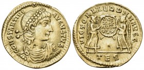 Constantius II, 337-361. Solidus (Gold, 21.5 mm, 4.48 g, 5 h), Thessalonica, 340-350. CONSTANTIVS AVGVSTUS Pearl-diademed, draped and cuirassed bust t...