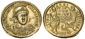 Constantius II, 337-361. Solidus (Gold, 21.5 mm, 4.39 g, 12 h), Arles, 355-360. FL IVL CONSTAN-TIVS PERP AVG Pearl-diademed, helmeted and cuirassed bu...