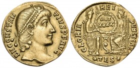 Constantius II, 337-361. Solidus (Gold, 20.5 mm, 3.86 g, 5 h), Thessalonica, 355-361. DN CONSTAN-TIVS PF AVG Pearl-diademed, draped and cuirassed bust...