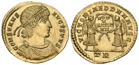 Constans, 337-350. Solidus (Gold, 22 mm, 4.52 g, 6 h), Treveri (Trier), 347-348. CONSTANS AVGVSTVS Pearl diademed, draped and cuirassed bust of Consta...