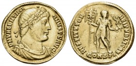 Valentinian I, AD 364-375. Solidus (Gold, 21.5 mm, 4.43 g, 5 h), Constantinople, 364. D N VALENTINIANVS P F AVG Rosette-diademed, draped and cuirassed...