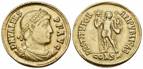 Valens, 364-378. Solidus (Gold, 21.5 mm, 4.40 g, 6 h), Constantinople, 367. D N VALENS P F AVG Pearl-diademed, draped and cuirassed bust of Valens to ...