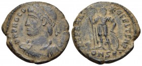 Procopius, usurper, 365-366. (Bronze, 19 mm, 3.93 g, 12 h), Constantinople, 5th officina (E). D N PROCOPIVS P F AVG Pearl-diademed, draped and cuirass...