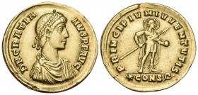 Gratian, 367-383. Solidus (Gold, 22 mm, 4.48 g, 6 h), Constantinople, 367. D N GRATIA-NVS P F AVG Pearl diademed, draped, cuirassed bust of Gratian to...