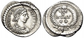 Theodosius I, 379-395. Siliqua (Silver, 18 mm, 2.12 g, 6 h), Constantinople, 392-395. D N THEODO-SIVS P F AVG Pearl-diademed, draped and cuirassed bus...
