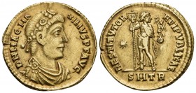 Magnus Maximus, 383-388. Solidus (Gold, 21.5 mm, 4.49 g, 6 h), Treveri (Trier). D N MAG MAXIMVS P F AVG Rosette-diademed, draped and cuirassed bust of...