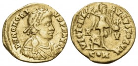 Honorius, 393-423. Tremissis (Gold, 8 mm, 1.48 g, 6 h), Ravenna, 402-423. D N HONORI-VS P F AVG Pearl-diademed, draped and cuirassed bust of Honorius ...