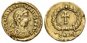 Valentinian III, 425-455. Tremissis (Gold, 14 mm, 1.49 g, 12 h), Ravenna, 450-455. D N PLA VALENTINIANVS P F AVG rosette-diademed, draped and cuirasse...