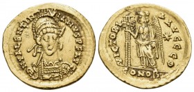 Valentinian III, 425-455. Solidus (Gold, 21 mm, 4.45 g, 5 h), Constantinople, Θ = 9th officina, 450-455. D N VALENTINIANVS P F AVG Helmeted, diademed ...