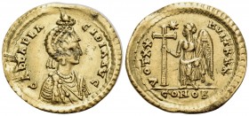 Galla Placidia, Augusta, 421-450. Solidus (Gold, 21 mm, 4.35 g, 5 h), Constantinople. GALLA PLACIDIA AVG Pearl-diademed and draped bust of Galla Placi...