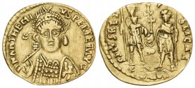 Anthemius, 467-472. Solidus (Gold, 20.5 mm, 3.69 g, 6 h), Mediolanum (Milan), 467-470. D N ANTHEMIVS PERPET AVG Bust of Anthemius facing, helmeted, di...