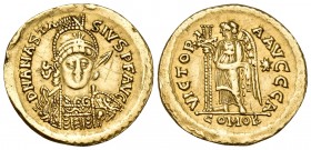 OSTROGOTHS. Theoderic, 493-526. Solidus (Gold, 20 mm, 4.39 g, 6 h), in the name of the Byzantine emperor Anastasius I, Ravenna, A = 1st officina. D N ...