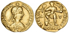 OSTROGOTHS. Theoderic, 493-526. Solidus (Gold, 19.5 mm, 4.28 g, 6 h), in the name of Valentinian III, Copying Ravenna, 430-445. D N PLA VALENTI-NIANVS...