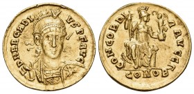 Arcadius, 383-408. Solidus (Gold, 20 mm, 3.90 g, 5 h), Constantinople, Γ = 3rd officina, 397-402. D N ARCADI-VS P F AVG Pearl-diademed, helmeted and c...
