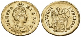 Aelia Eudoxia, Augusta, 400-404. Solidus (Gold, 20 mm, 4.39 g, 6 h), Constantinople, 4th officina (Δ), c. 402-403. AEL EVDOXIA AG Diademed and draped ...