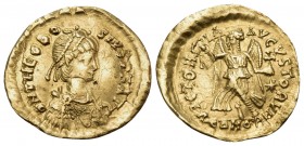 Theodosius II, 402-450. Tremissis (Gold, 10 mm, 1.36 g, 12 h), Constantinople, 408-420. D N THEODOSIVS P F AVG Pearl-diademed, draped and cuirassed bu...