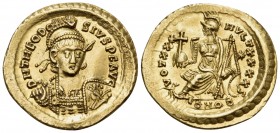 Theodosius II, 402-450. Solidus (Gold, 21 mm, 4.44 g, 7 h), Constantinople, 6th officina (S), 430-440. D N THEODO-SIVS P F AVG Pearl-diademed, helmete...