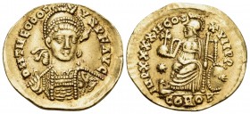 Theodosius II, 402-450. Solidus (Gold, 20 mm, 4.41 g, 6 h), Constantinople, 441-450. D N THEODOSIVS P F AVG Helmeted, diademed and cuirassed bust of T...
