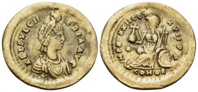 Aelia Pulcheria, Augusta, 414-453. Solidus (Gold, 21 mm, 4.26 g, 6 h), struck under Theodosius II, Constantinople, 441-450. AEL PVLCH - ERIA AVG Drape...