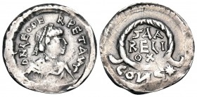 Leo I, 457-474. Half-siliqua (Silver, 17 mm, 1.32 g, 12 h), imitative issue by an uncertain Germanic (?) tribe. D N LEO PE-RPET AVG Pearl-diademed, dr...