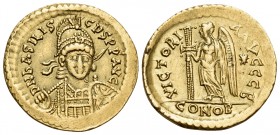 Basiliscus, 475-476. Solidus (Gold, 20.5 mm, 4.46 g, 5 h), Constantinople, B = 2nd officina, early-mid 475. D N bASILISCUS P P AVG Diademed, helmeted ...
