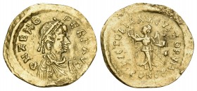 Zeno, second reign, 476-491. Tremissis (Gold, 15.5 mm, 1.49 g, 6 h), Constantinople. D N ZENO PERP AVG Diademed, draped and cuirassed bust of Zeno to ...