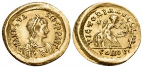 Anastasius I, 491-518. Semissis (Gold, 18 mm, 2.17 g, 6 h), Constantinople, 507-518. DN ANASTA-SIVS PP AVC Diademed, draped and cuirassed bust of Anas...