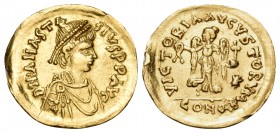 Anastasius I, 491-518. Tremissis (Gold, 15.5 mm, 1.54 g, 6 h), Constantinople, 492-518. D N ANASTA-SIVS P P AVC Diademed, draped and cuirassed bust of...